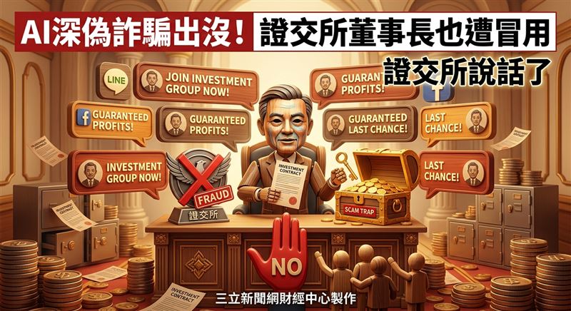 不法人士冒用證交所董事長名義發布投資詐騙訊息 證交所籲請民眾提高警覺。(圖/三立新聞網財經中心蕭榕AI製圖)