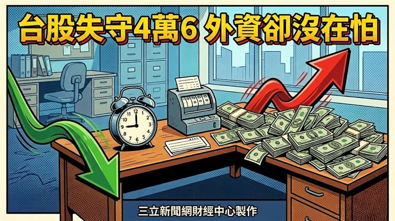 台股今日午後翻黑,終場失守4萬6千點關卡,但外資買盤依舊強勁,單日買超453.51億元,連5日累計買超達2,061.36億元。(圖∕AI製圖)