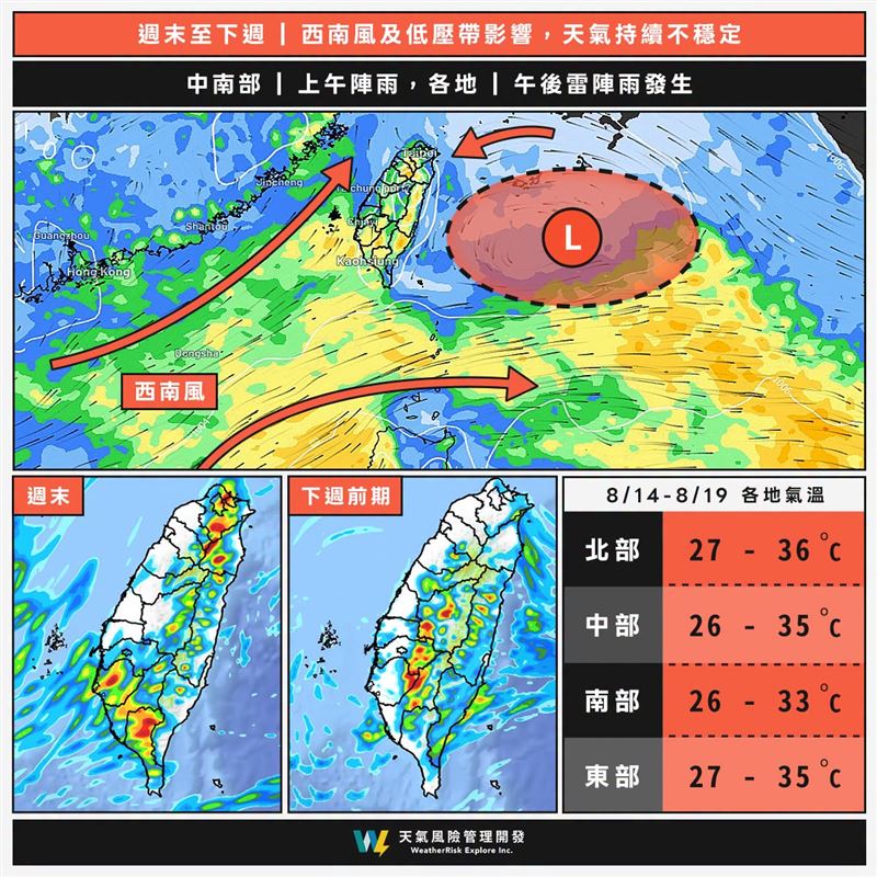 天氣風險表示,週末中南部從白天到夜間都可能出現間歇性陣雨或雷雨。(圖/翻攝自天氣風險 WeatherRisk臉書)