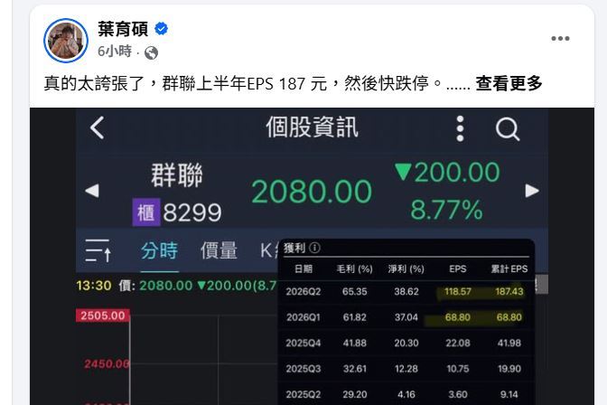 群聯(8299)半年暴賺18個股本竟重挫!財經專家葉育碩直呼:真的太誇張。(圖/翻攝自葉育碩臉書)