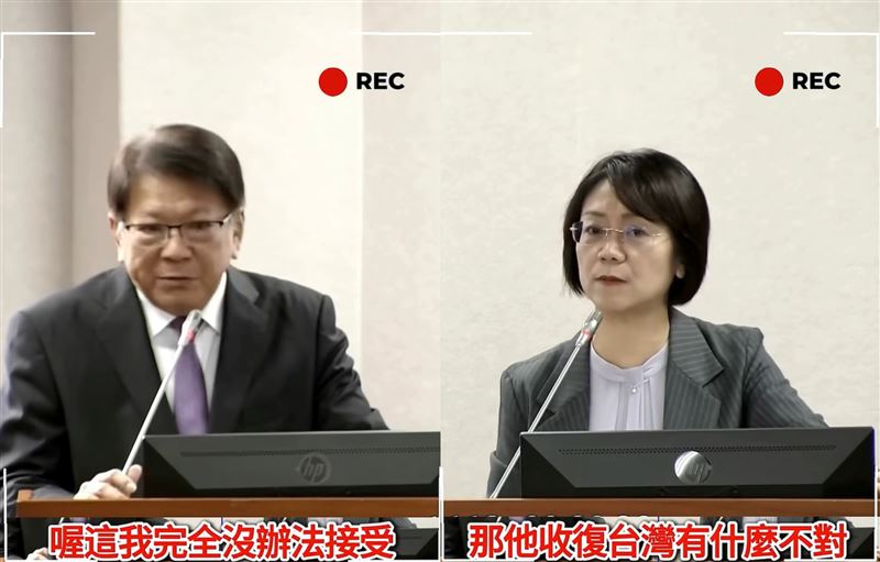 翁曉玲2024年底在立法院質詢總統府秘書長潘孟安的影片被挖,雙方針對兩岸主權激烈交鋒。(圖/翻攝自「打馬悍將粉絲團」臉書)