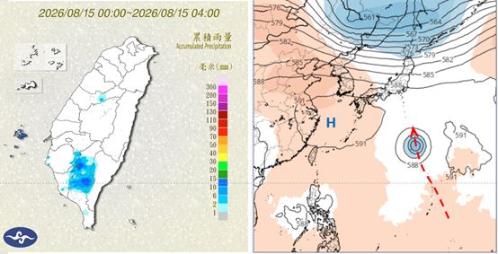 今晨4時累積雨量圖顯示,西南部已有明顯降雨(左)。最新歐洲模式、24日20時500百帕模擬圖顯示,太平洋高壓略增強。下週四起關島附近有熱帶擾動醞釀發展,並朝北北西前進,下下週一抵日本南方海面。(圖/擷自tropical tidbits)