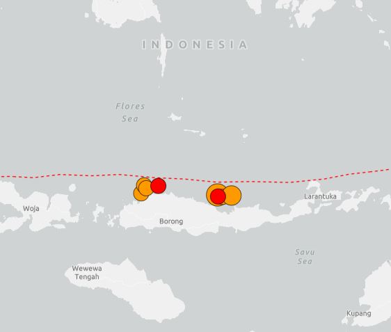 印尼外海一小時內連續發生地震。(圖/取自USGS)