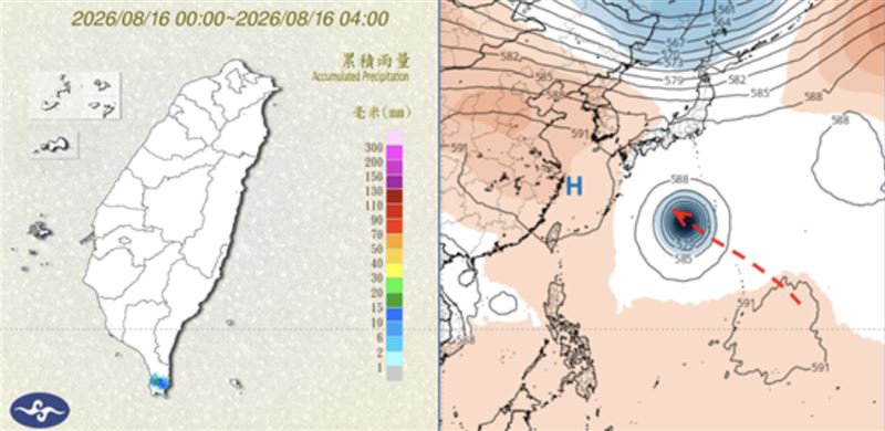 左圖:今(16日)晨4時累積雨量圖顯示,恆春半島有局部降雨。右圖:最新(15日20時)歐洲(ECMWF)模式、下週二(25)日20時500百帕模擬圖顯示,太平洋高壓略增強。週四(20日)起關島東方有熱帶擾動醞釀發展,並朝西北前進,下週二抵日本南方海面。(圖/翻攝自洩天機教室官網)