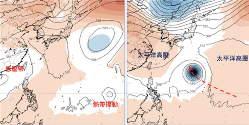 左圖::最新(16日20時)歐洲(ECMWF)模式、週四(20日)20時500百帕模擬圖顯示,關島東方有熱帶擾動醞釀發展,低壓帶在臺灣上空。右圖:最新(16日20時)歐洲(ECMWF)模式、下週二(25)日20時500百帕模擬圖顯示,太平洋高壓增強,熱帶系統向西北轉北北西前進,抵日本南方海面。(圖/翻攝自洩天機教室官網)