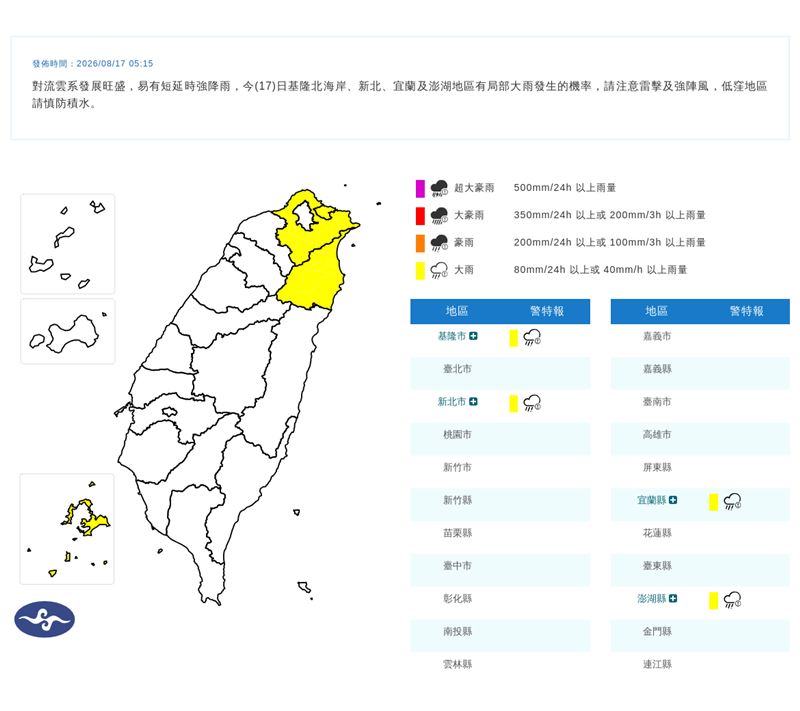 今日清晨氣象署針對4縣市發布「大雨特報」。(圖/翻攝自中央氣象署官網)