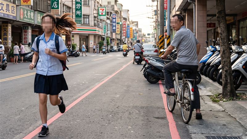 台南男子至少5度，在女國中生上課與放學日常行經路線守候，還會用腳踏車阻擋少女去路詢問「現在幾點」、「妹妹妳現在國中嗎」。（示意圖／AI製圖）