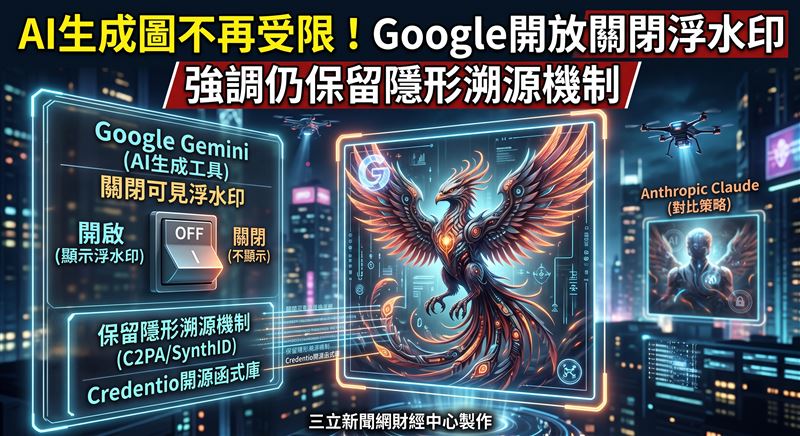 雖然現在浮水印可以自行選擇是否顯示,但Google依然會保留隱形的SynthID浮水印及C2PA中繼資料,供官方工具查驗。(圖/三立新聞網財經中心莊佳芳AI製圖)