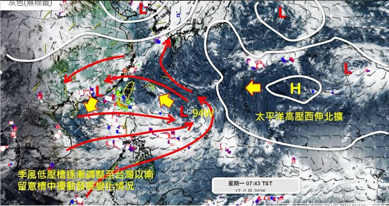 吳聖宇指出,週三、週四要留意季風低壓槽中擾動的發展變化,94W可能經過台灣東北方海面後逐漸趨向浙江、長江口一帶北上,由於可能會較為接近台灣,是否有發展的機會需要特別留意。(圖/翻攝自吳聖宇臉書)