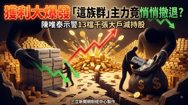 分析師陳唯泰指出,篩選上半年賺逾一個股本且獲利成長的績優股中,赫然發現13檔個股千張大戶持股出現下滑。群聯與威剛等記憶體族群遭千張大戶調節,陳唯泰提醒投資人密切觀察未來一至兩週是否有回補買盤進場。相較於大型權值股,陳唯泰強調股本百億以下的中小型股若出現大戶減持,對後續股價波動更具實質警示效果。(圖/AI製圖)