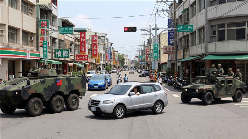 女駕駛開車行經路口時，因前車為陸軍裝甲車，後方為陸軍悍馬車，深怕後方車輛無法及時停車造成追撞而闖紅燈。（示意圖／AI製圖）