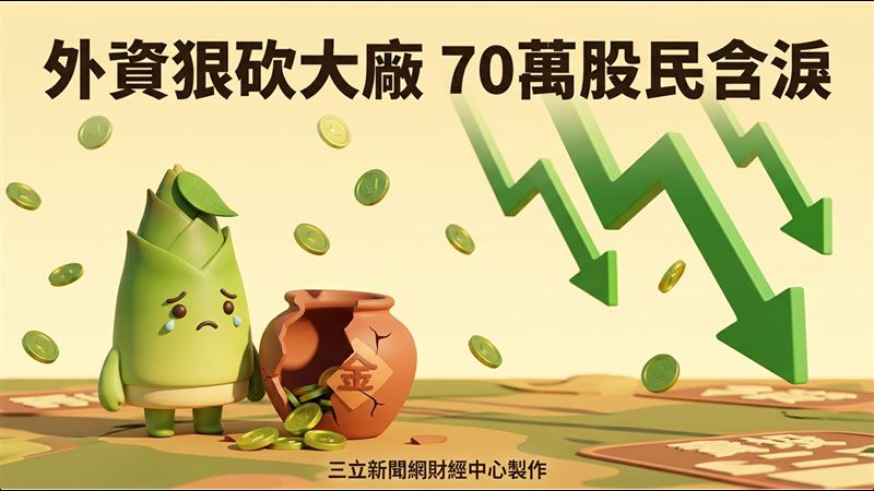 擁有約70萬名股東的力積電(6770)成為外資屠殺對象,單日狠砍6萬8115張,股價下殺3.8元、跌幅4.85%,收在74.6元,成交量25萬8100張。(圖/三立新聞網財經中心蕭榕AI製圖)
