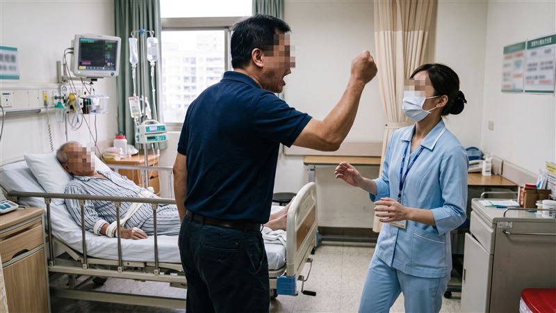 男子前往病房探視遭院方施以醫療約束的友人,因不滿女護理師醫療業務,朝對方大聲咆哮。(示意圖/AI製圖)