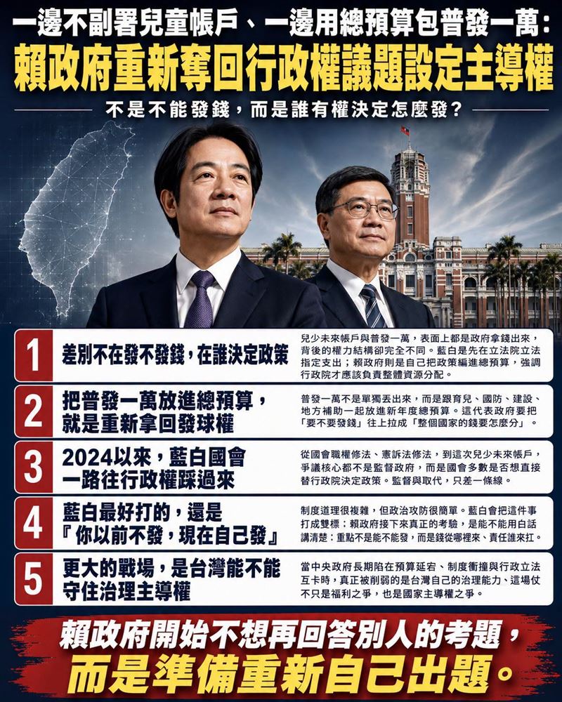 一邊不副署兒童帳戶、一邊用總預算包普發一萬：賴政府重新奪回行政權議題設定主導權。（圖／翻攝自聲量看政治臉書）