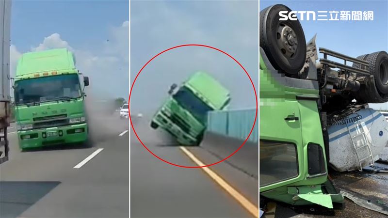 化學槽車突然發出「碰一聲」巨響,左前輪爆胎炸出煙塵,在高速行駛中的槽車瞬間失控,車頭一路偏移,撞上防眩板。(圖/翻攝自Threads @a1234winds)