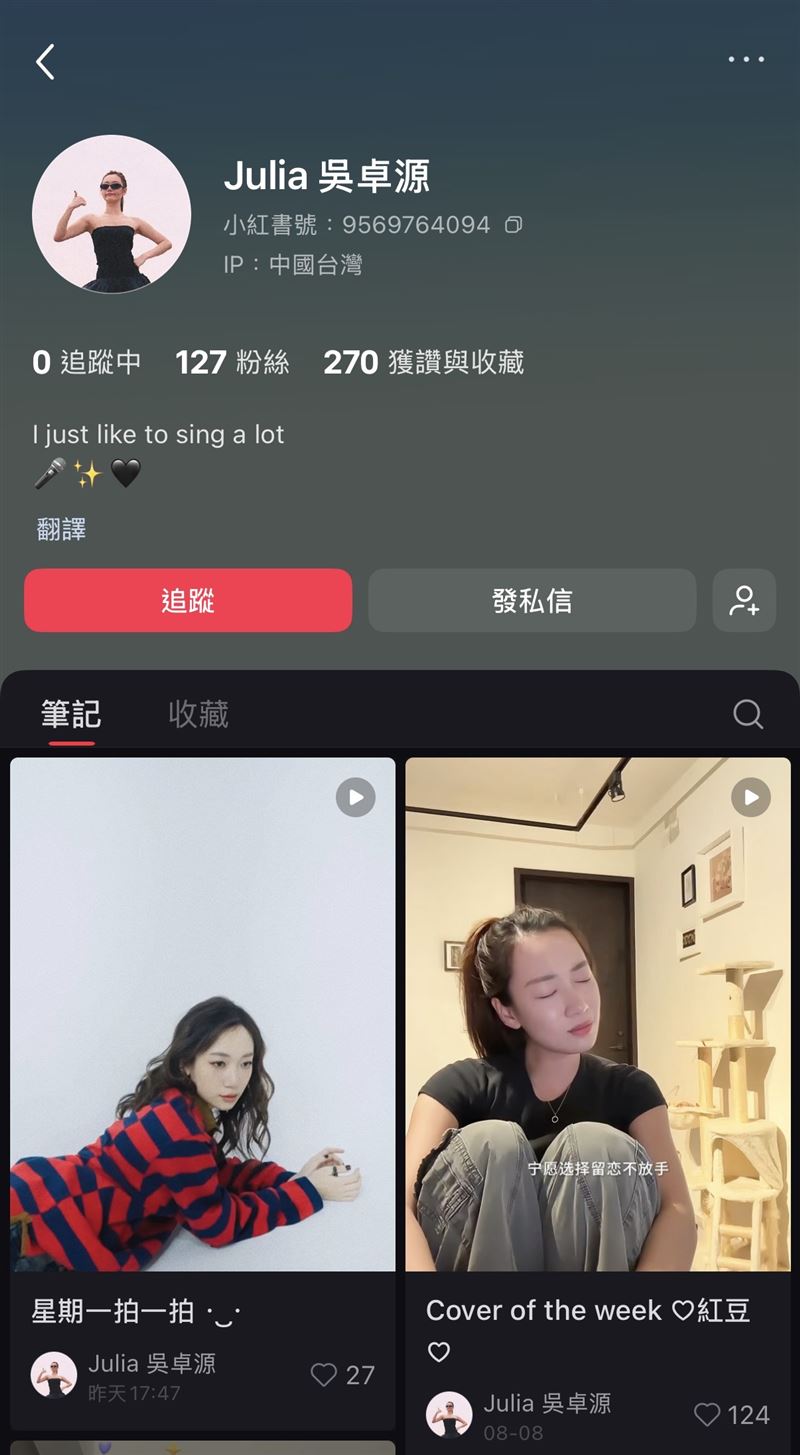 吳卓源開通帳號至今,粉絲數僅有127位。(圖/翻攝自吳卓源小紅書)