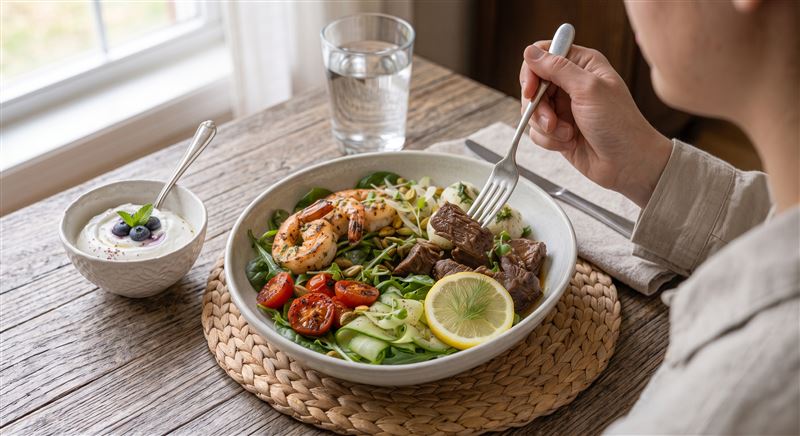 蝦仁、牛腱、無糖希臘優格等食物含蛋白質,CP值高。(圖/AI生成)