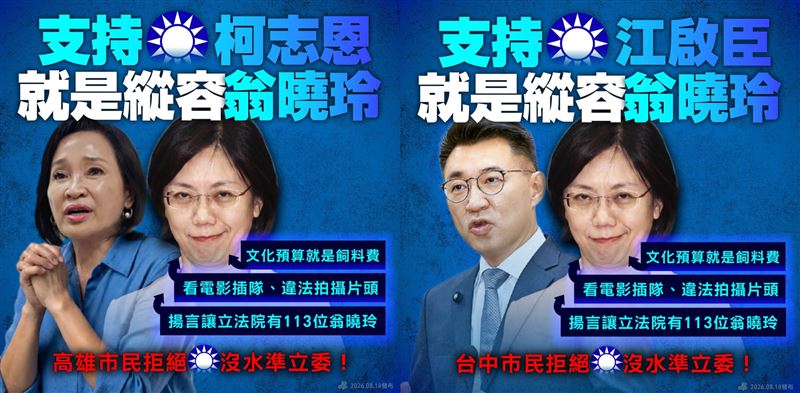 民進黨點名柯志恩、江啟臣等8位參選縣市長的國民黨立委，直言支持「這些人」就是縱容翁曉玲（圖／翻攝自民進黨臉書）