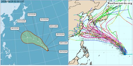 氣象署路徑潛勢預測圖顯示，熱帶低壓在關島東南方海面、逐漸增強，未來5天大致向西北方、朝琉球方向前進（左）。歐洲模式系集模擬顯示，第6至第10天，其強度持續增強，但其移速逐漸減慢、並在琉球附近北轉；系集模式的各別模擬路徑、相當分散（右）