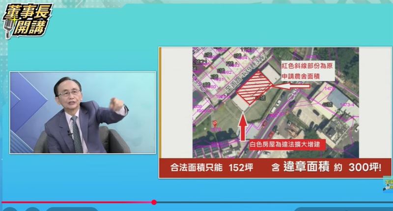 吳子嘉在節目中爆料鄭朝方家族農地違建。(圖/翻攝自《董事長開講》YT)