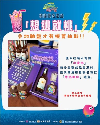 民眾透過闖關集點並參加轉盤抽獎，挑戰成功即可獲得冷飲節限定聯名酒「桃喜桃氣」、聯名酒杯及各攤位精選好禮。（圖／桃園市政府提供）
