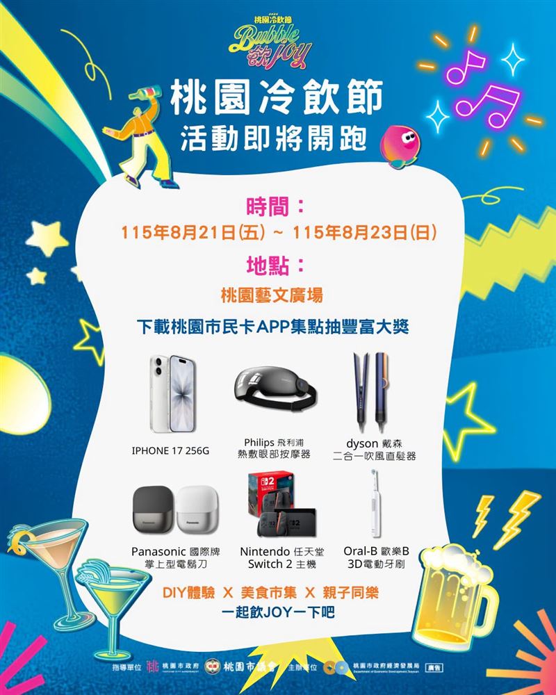 單筆消費滿200元即可集點，集滿五點兌換電子摸彩券，有機會將iPhone17、Switch、Dyson等多項大獎帶回家。（圖／桃園市政府提供）