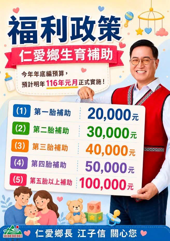 南投縣仁愛鄉推出生育補助,預計自116年1月起正式實施。(圖/翻攝自南投縣仁愛鄉公所臉書)