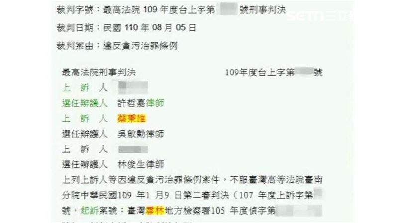 查找判決書能發現蔡秉雄過去曾捲入口湖鄉長賄賂案