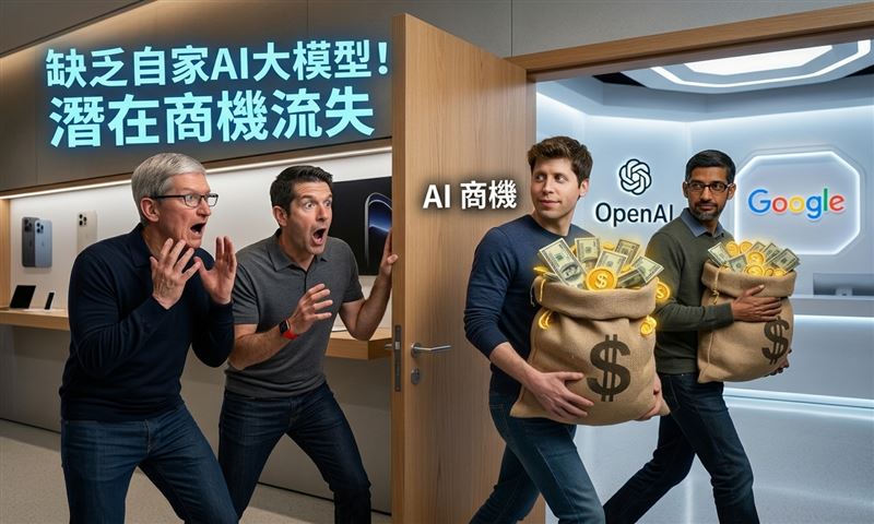 蘋果(Apple)雖是硬體王者，卻缺乏自家的AI模型，結果坐擁AI入口，但背後最值錢的服務與模型商機全被OpenAI與Google等對手賺走。（圖／AI製圖）
