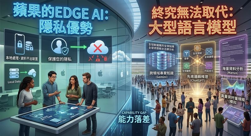 蘋果的Edge AI擁有保護隱私的優勢，卻終究無法取代如ChatGPT、Gemini和Manus這類大型語言模型。（圖／AI製圖）
