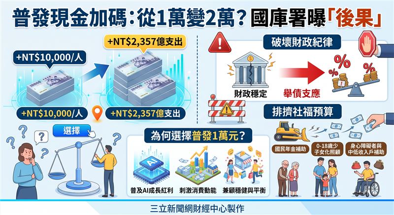 財政部表示普發1萬元若加碼至2萬元將多出2,357億元,恐被迫舉債違背財政紀律並排擠社福預算。(AI製圖)