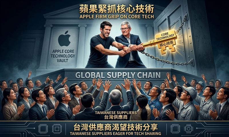 蘋果(Apple)一向緊抓核心技術不放手,知識力科技執行長曲建仲博士因此分析,即使新執行長特納斯(John Ternus)上任,也不可能讓負責代工的台廠參與共同研發。(圖/AI製圖)