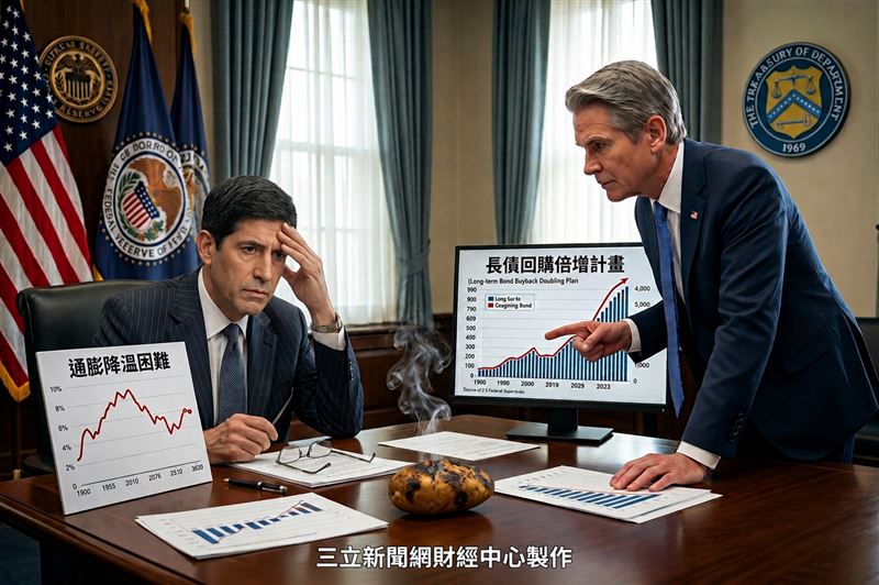 美國財政部長貝森特突然出手拯救債市,將長債回購規模翻倍,恐怕讓苦於通膨居高不下的聯準會主席華許壓力山大。(圖/AI製圖)