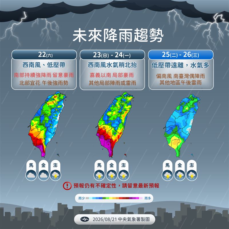低壓帶將持續影響到下週一。(圖/氣象署)