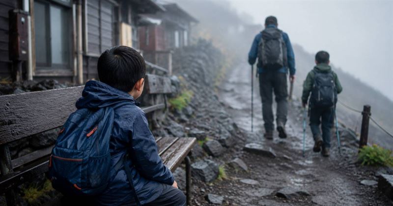 日本一名48歲父親帶著兩名兒子攀登富士山,7歲小兒子途中喊累,竟被獨自留在六合目。(示意圖/AI生成)