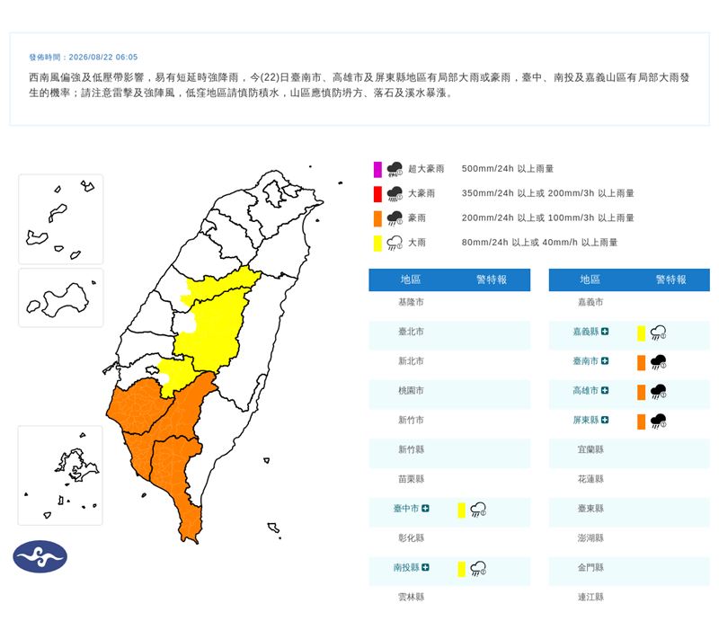 6縣市發布豪雨、大雨特報。(圖/翻攝自氣象署)
