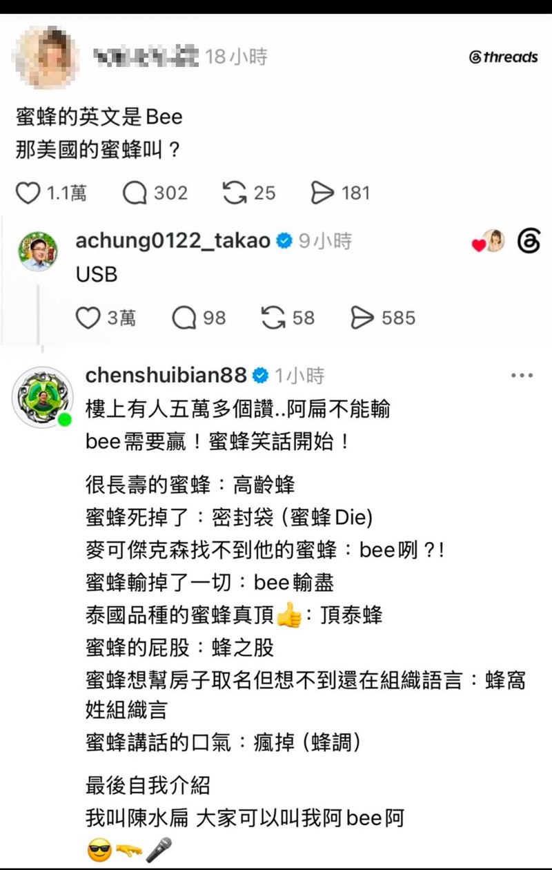 前總統陳水扁愛女陳幸妤近期面對媒體詢問婚變風波時,笑稱父親陳水扁已退休,目前生活重心是「在Threads上搞笑」。這番話意外引發網友熱議,紛紛翻出扁家父子近期在社群平台上的「蜜蜂」冷笑話大戰。(圖/翻攝自Threads)