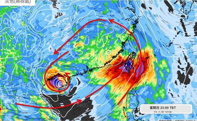 8月22日~24日將是西南季風強風軸自東向西逐漸經過台灣上空的過程,需防豪大雨。(圖/翻攝自天氣職人-吳聖宇臉書)
