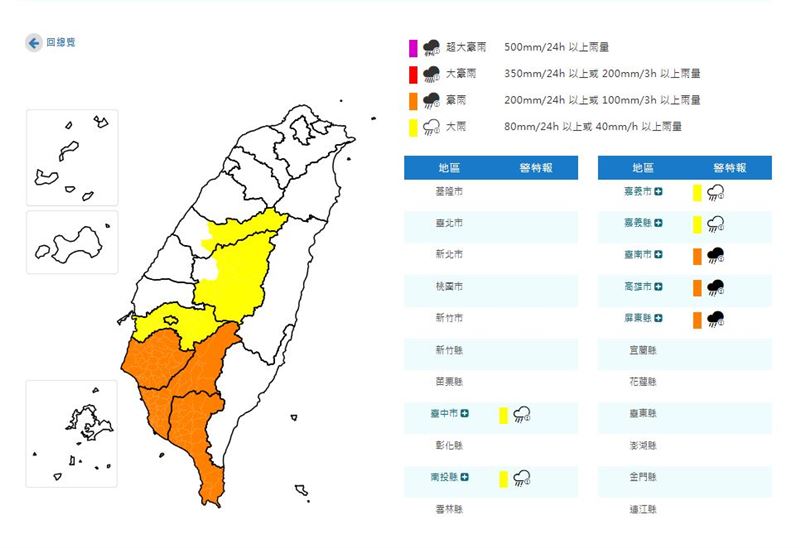 氣象署針對全台6縣市發布豪大雨特報。(圖/中央氣象署)