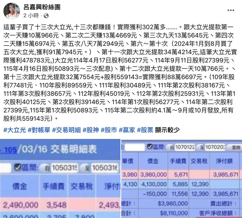 呂嘉興在社群分享買大立光的交易明細。（圖／翻攝自呂嘉興粉絲團臉書）