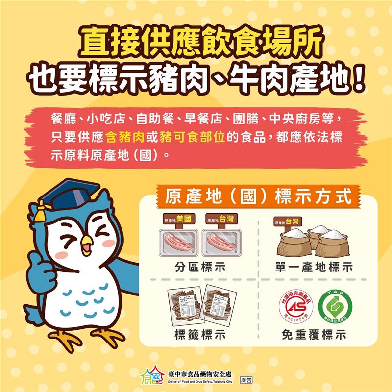 台中市食品藥物安全處表示,直接供應飲食場所也要標示豬肉、牛肉產地。(圖/翻攝自台中市食品藥物安全處臉書)