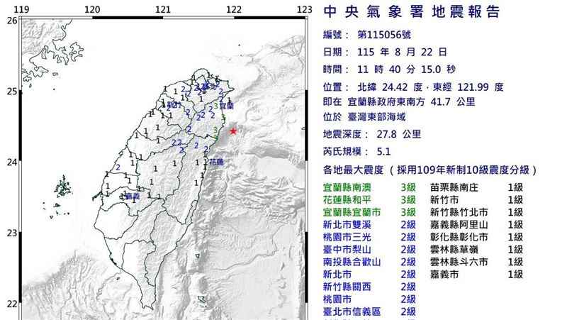 東部海域規模5.1地震 最大震度宜、花3級