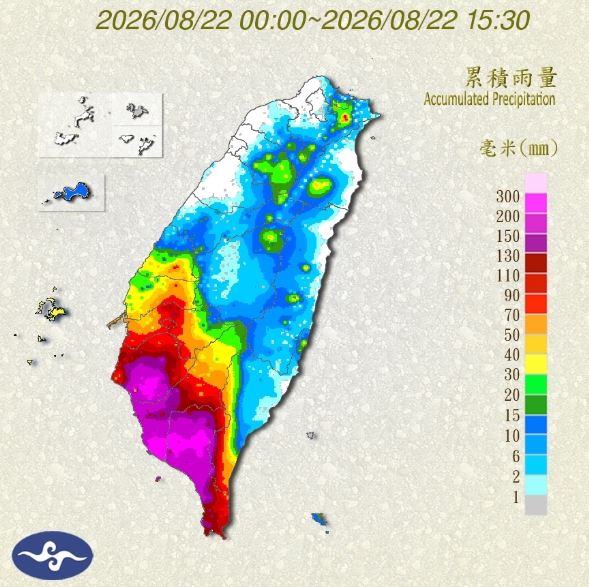 今日北、中、南幾乎都有較強降雨,南部最為嚴重;氣象署將啟動較大規模或較劇烈豪雨作業。(圖/氣象署)