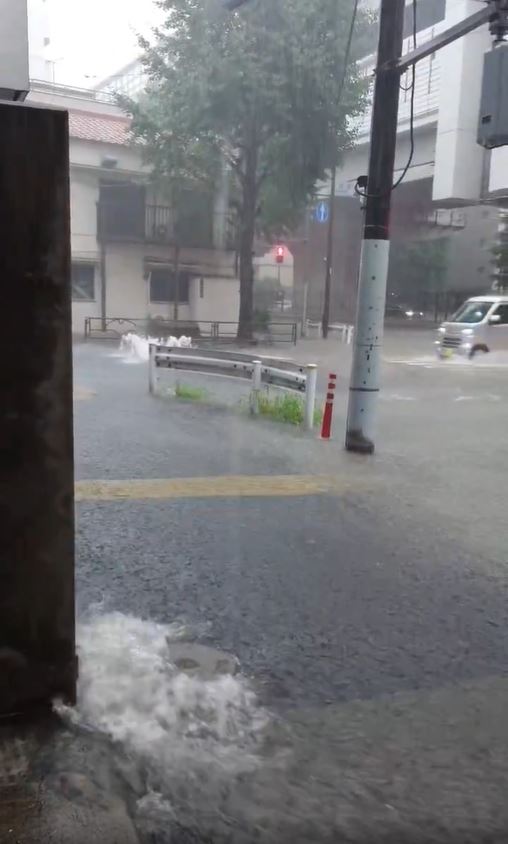 東京時雨量破120毫米，街道嚴重積水。（圖／翻攝自X平台 @Gt8VUlzRG7buafO）