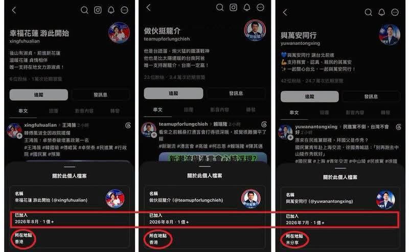 社群平台Threads近期爆發境外網軍介選爭議,多個力挺藍營指標人物如蔣萬安、游淑貞及謝龍介的粉絲專頁,遭網民抓包帳號所在地竟設於香港,且在被質疑後迅速更改設定或關閉。(圖/翻攝自「立法委員 林楚茵」臉書)