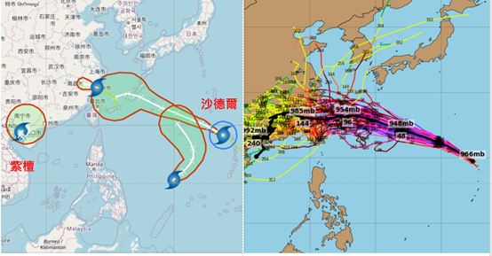 右圖:最新歐洲系集模式顯示,「沙德爾」的平均模擬路徑、週四、五(27、28日)持續偏西,中心通過臺灣北部近海。個別模擬路徑則分布在其左、右側。(圖/翻攝自洩天機教室官網)