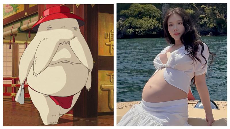 進入懷孕晚期,鄭家純自嘲裸體身型像電影《神隱少女》中的「蘿蔔神」。(合成圖/翻攝自IMDB、鄭家純FB)