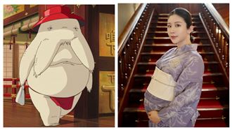 進入懷孕晚期，鄭家純自嘲裸體身型像電影《神隱少女》中的「蘿蔔神」。（合成圖／翻攝自IMDB、鄭家純FB）