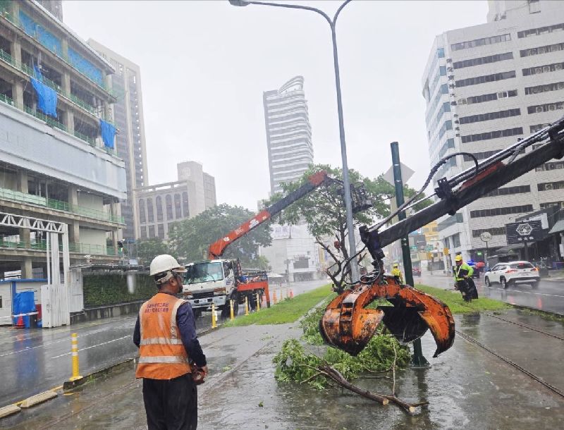 高雄豪雨不斷，各地陸續出現積淹水災情，一輛輕軌列車23日上午行經C24至C23站間，遭傾倒路樹輕微擦撞。（高雄捷運警察隊提供）