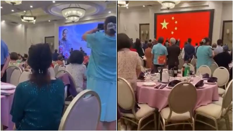 國民黨在洛杉磯舉辦的一場宴會近日引發軒然大波，現場遭爆料竟公然播放中共國歌並展示五星旗，疑似淪為中共統戰工具。（圖／翻攝自X平台 @jielijian）